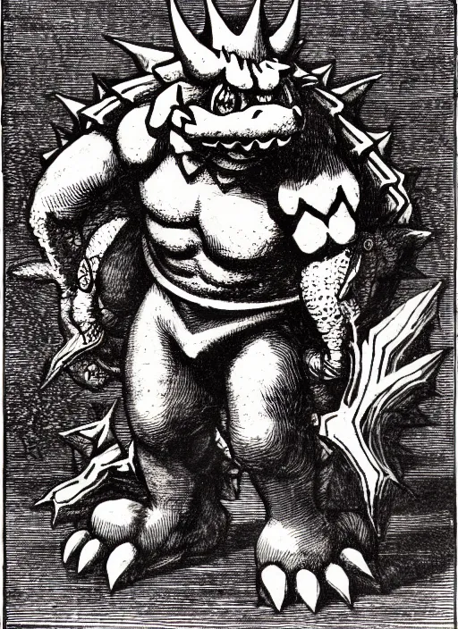 Image similar to illustration of bowser the king koopa as a demon from the dictionarre infernal, etching by louis le breton, 1 8 6 9, 1 2 0 0 dpi scan, ultrasharp detail, clean scan