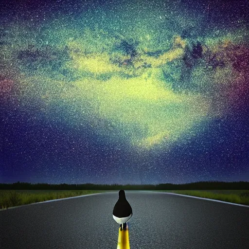 Image similar to a lonely duck walking on the road and looking up at the sky, milky way, starry sky, art station trend