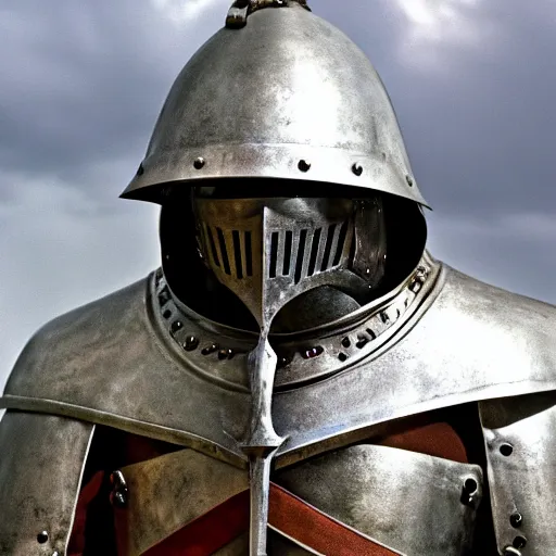 Prompt: a medieval knight, iron helmet, film still, 8k, enhanced s- 150