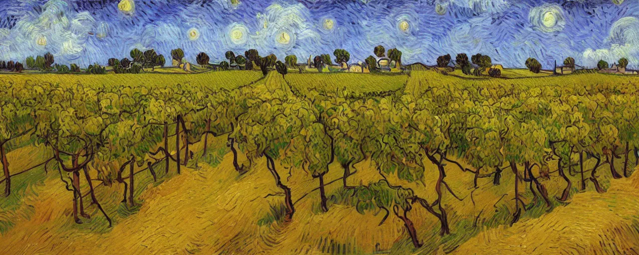 Image similar to trending on artstation, an idyllic vineyard, oil on canvas, in the style of Vincent van Gogh