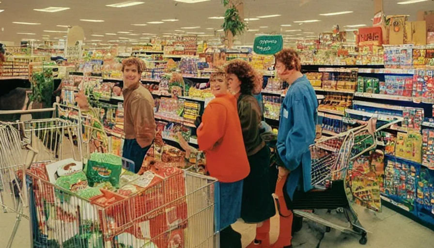 Image similar to 1990s candid photo of a beautiful day at the grocery store, cinematic lighting, cinematic look, golden hour, large costumed mascot business people giving space presentations to families, Enormous personified business people with outstandingly happy faces coming out of a portal and talking to families about space, UHD