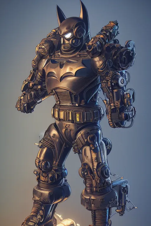 Image similar to batman hardmesh retro futurist steampunk fallout 7 6 power armor, hyper realistic, art cover, official fanart behance hd artstation by jesper ejsing, by rhads, makoto shinkai, final fantasy, unreal engine highly rendered, global illumination, radiant light, intricate environment radiating a glowing aura global illumination ray tracing hdr