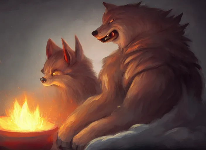 Prompt: !dream a cartoonish cute big wolf is in pain while being cooked alive in a steaming hot giant cauldron inside a comfy home, warm lighting, magical atmosphere, trending on artstation, 30mm, by Noah Bradley trending on ArtStation, deviantart, high detail, stylized portrait H 704