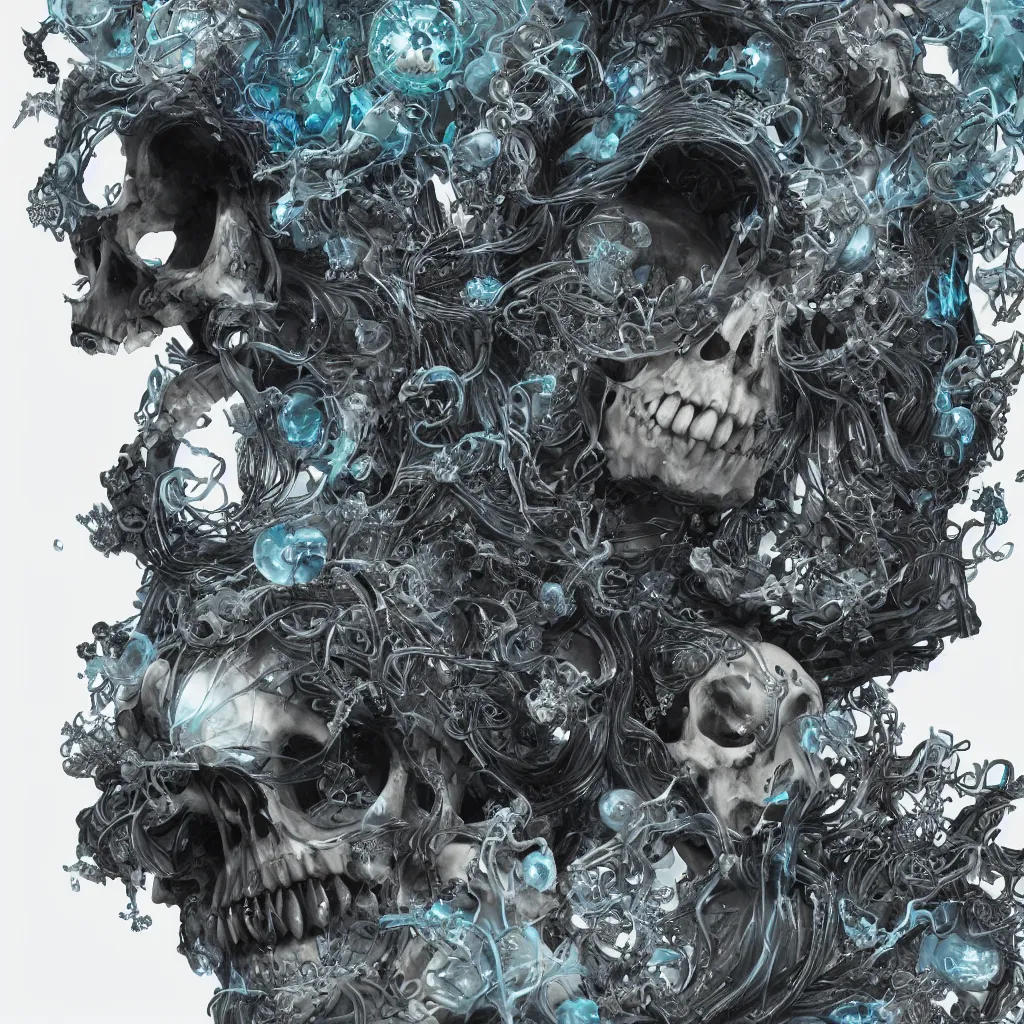 Image similar to close-up portrait goddess skull, thorax, x-ray, backbone, jellyfish phoenix head, nautilus, orchid, skull, betta fish, bioluminiscent creatures, intricate artwork by Tooth Wu and wlop and beeple. octane render, trending on artstation, greg rutkowski very coherent symmetrical artwork. cinematic, Triadic color scheme, hyper realism, high detail, black and white, octane render, 8k