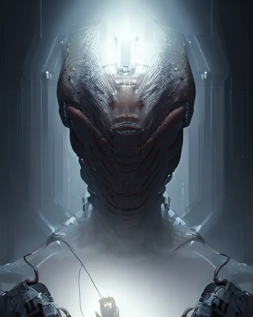 Image similar to professional concept art portrait of a predatory robotic species in a dark room by artgerm and greg rutkowski. an intricate, elegant, highly detailed digital painting, concept art, smooth, sharp focus, illustration, in the style of cam sykes, wayne barlowe, igor kieryluk.