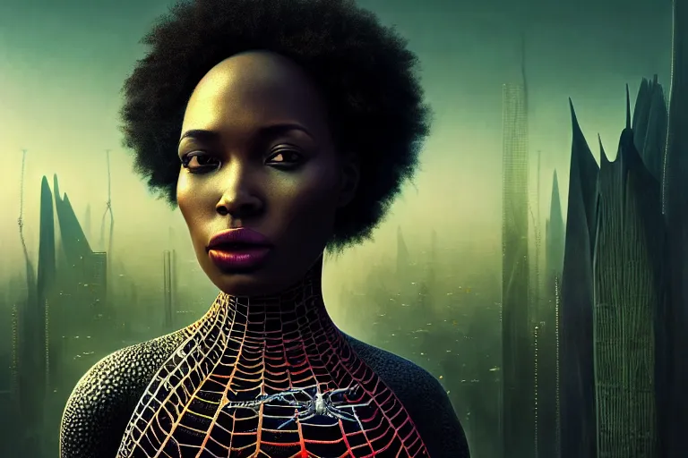 Image similar to realistic detailed closeup portrait movie shot of a beautiful black woman with a giant spider, dystopian city landscape background by denis villeneuve, amano, yves tanguy, alphonse mucha, max ernst, kehinde wiley, ernst haeckel, caravaggio, roger dean, cyber necklace, rich moody colours, sci fi patterns, wide angle