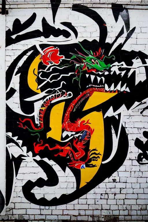 Image similar to a dragon formed by highly stylized letters, font design, wildstyle graffiti, black font on a white wall, beautiful render, stunning, 8 k, basquiat, complex pattern, sharp design, wow, cant believe it is real, street photo