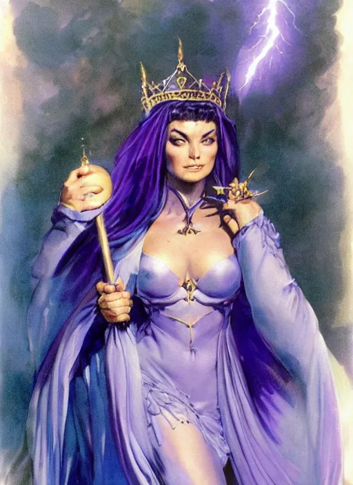 Image similar to portrait of mighty plump female sorceress, blue tiara, purple robe and veil, lightning halo, strong line, muted color, beautiful! coherent! by frank frazetta, by boris vallejo