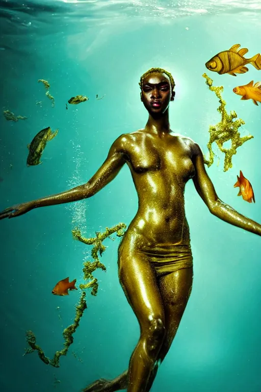 Prompt: hyperrealistic neo - modern cinematic half underwater scene with fish and algae, very expressive! translucent elegant african goddess getting out of water, gold jewerly, highly detailed face, digital art masterpiece, aykut aydogdu zener, dramatic volumetric light, long shot, low angle uhd 8 k, sharp focus