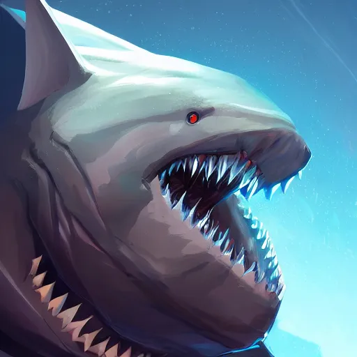 Prompt: portrait of an antropomorphic shark knight with the face of a white shark, mattepainting concept blizzard pixar maya engine on cold night stylized background splash comics global illumination lighting artstation lois van baarle, ilya kuvshinov, rossdraws