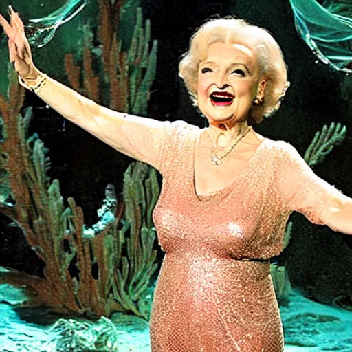 Prompt: Betty White as a mermaid, performing on an underwater stage