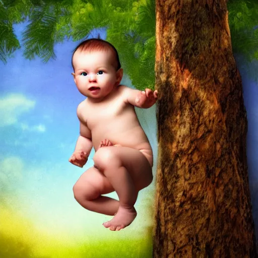 Image similar to baby on a tree, photorealistic, detailed