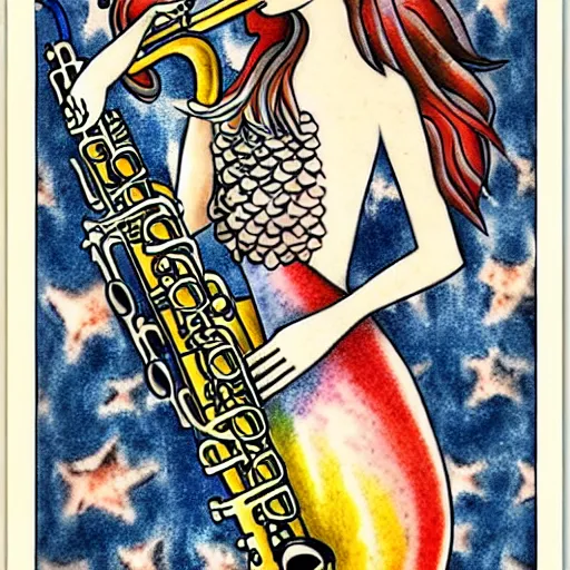 Image similar to american traditional tattoo art of a mermaid playing the saxophone, sheet paper