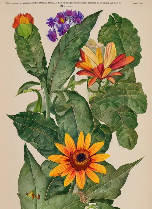 Image similar to fantasy scientific botanical illustration of colorful flower with a large, smiling mouth as a flower