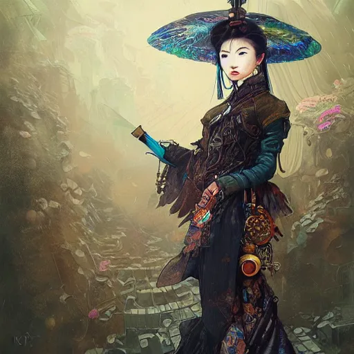 Image similar to steampunk Chinese lady with umbrella, detailed, digital painting, concept art, smooth, sharp focus, illustration, art by Sam Spratt, Dan Mumford, Artem Demura and Alphonse Mucha