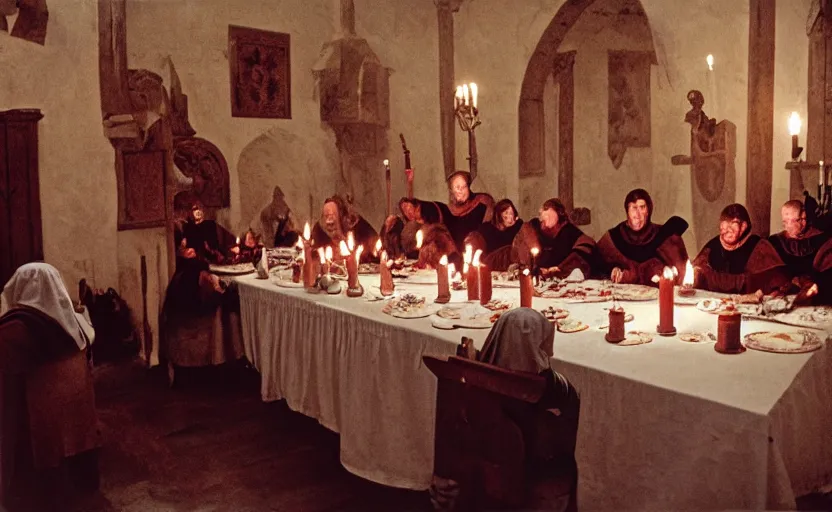 Prompt: Medieval knights and Nuns sitting around a big dinner table with candles in the shining by stanley kubrick, shot by 35mm film color photography