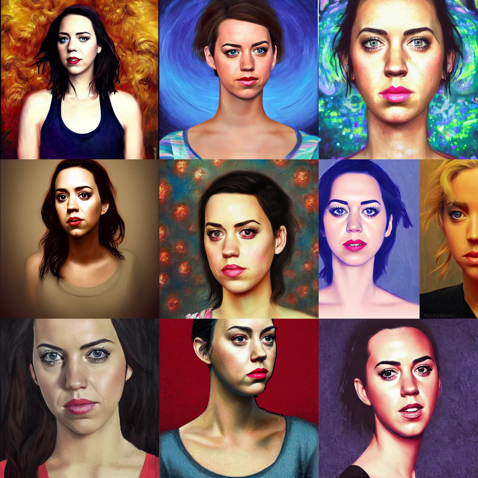 Prompt: portrait of a mix between aubrey plaza, katy perry, emma watson, scarlett johansson, ryan kiera armstrong, jennifer lawrence, 4 k art trending on artstation by monet, rembrandt, oil painting, digital, snapchat monster filter