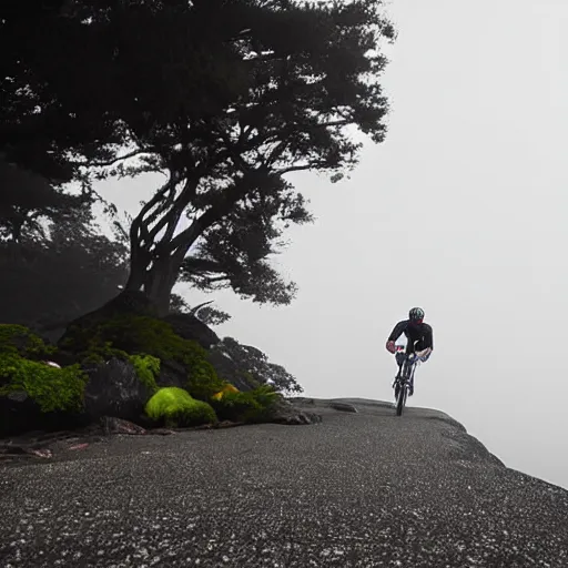 Image similar to a scene from a fever dream!! In 1st person!! Bicycling on a rocky path entering the scary murky ocean!! Fog! Ultra realistic! 25mm f/1.7 ASPH Lens!