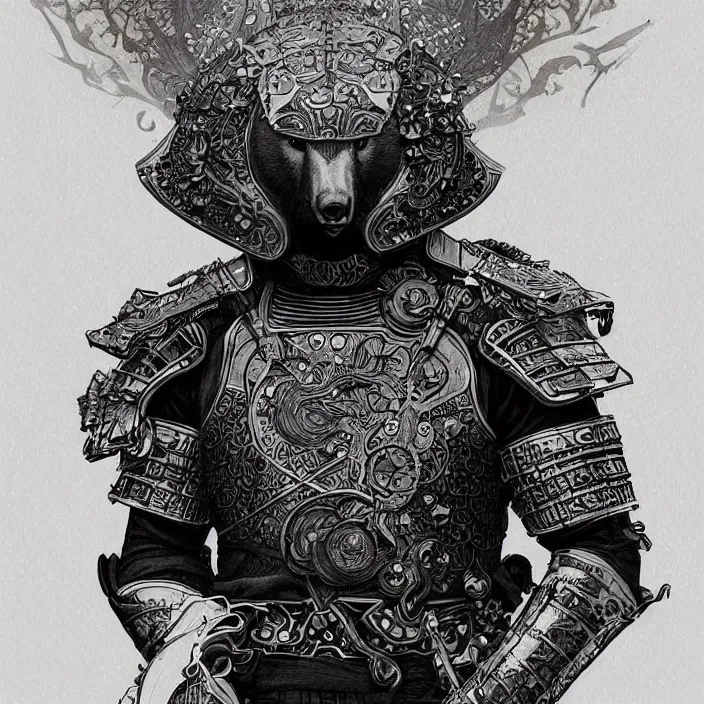 Image similar to ultra realistic illustration, anthropomorphic samurai asian black bear with armor made of stars, sci - fi, fantasy, intricate, elegant, highly detailed, digital painting, artstation, concept art, smooth, sharp focus, illustration, art by artgerm and alphonse mucha