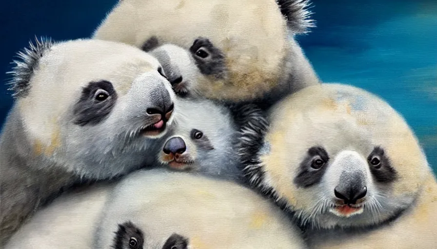 Image similar to highly detailed painting of cute furry white baby seal panda koalas cuddling into each other on a blue and white iceberg by william turner, by greg rutkowski, by william constable, thick brush strokes and visible paint layers, 4 k resolution