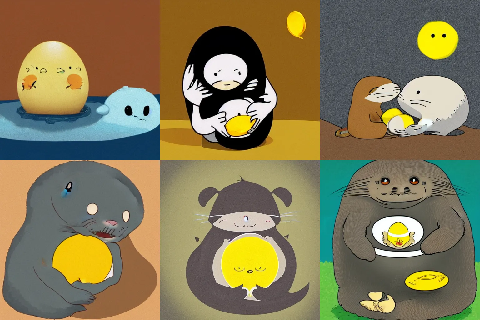 Prompt: A small egg white yolk with a cute smile hugging an otter, in the style of Hayao Miyazaki, cinematic romantic