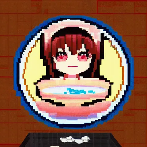 Image similar to pixel art anime girl in ramen cafe, soft colors