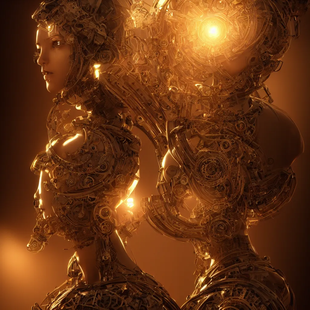 Image similar to portrait android woman time machine beautiful symmetrical face axonometric mechanical fantasy intricate elegant highly detailed, in volumetric void of latent space, golden steampunk, high contrast cinematic light, mystical shadows, digital painting, smooth, sharp focus, divine realm of gods, octane render, photographic, concept art, artist leonardo davinci, unreal engine 8 k