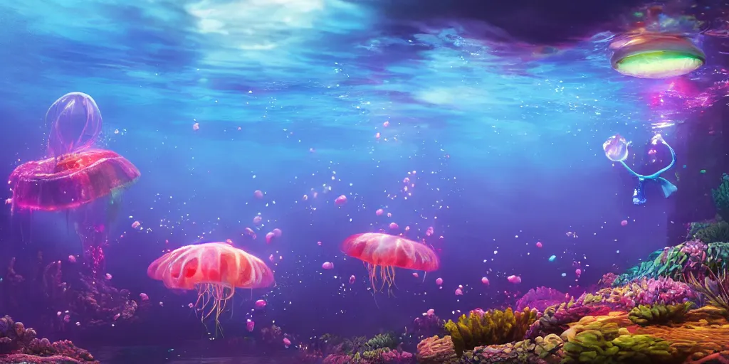 Image similar to underwater enviroment with a giant Rainbow Jellyfish.boss creature , unreal 5, hyperrealistic, realistic, photorealistic, dynamic lighting, highly detailed, cinematic landscape, studio landscape, studio lighting