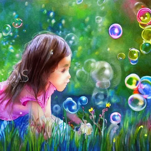 Image similar to a little girl in a beautiful garden blowing bubbles. beautiful cartoon painting art, high quality, detailed face