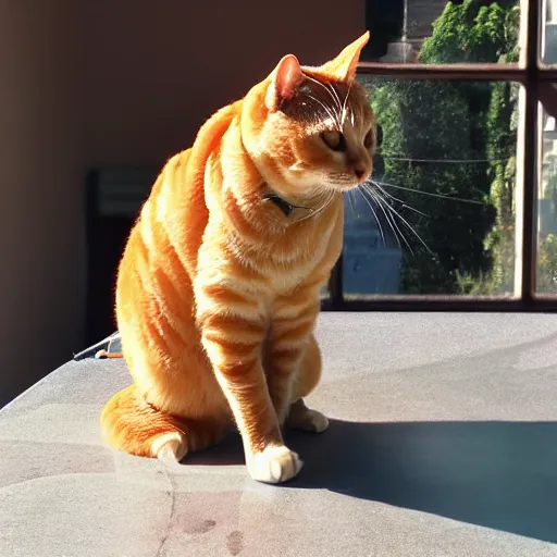 Image similar to fat orange tabby cat eating lasagna on a table, afternoon, by michelangelo neighborhood outside window