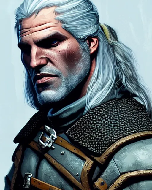 Image similar to portrait of geralt of rivia inspired by gta concept art, highly detailed, artstation, trending, concept art, by stephen bliss, anthony mcbain, roxie vizcarra