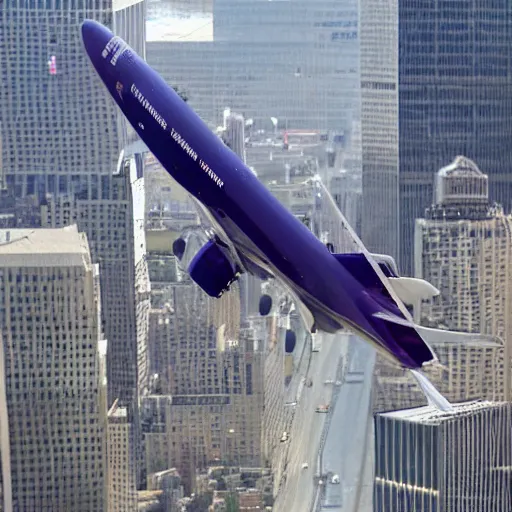 Image similar to Barney the Dinosaur flying a 777 right into one of the world trade center buildings