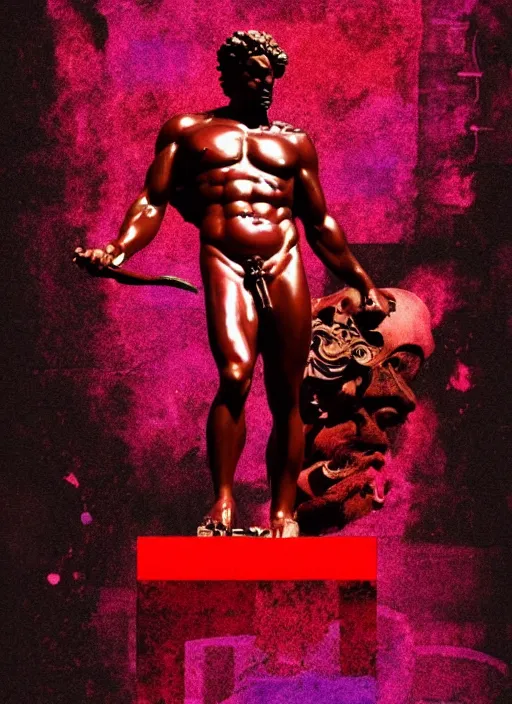 Image similar to black background with subtle red and purple design elements, statue of hercules, nekro, collage art, thin lines, dark, glitch art, neo vaporwave, gritty, layout frame, trending on artstation