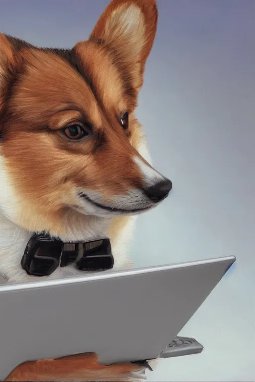 Image similar to Corgi on laptop studying for Medical School, oil on canvas, intricate, portrait, 8k highly professionally detailed, HDR, CGsociety