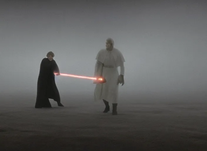 Prompt: epic still of Luke Skywalker using lightsaber against white robe female sith lord in foggy environment, approaching an ancient temple in the distance, iconic scene from the 1980s film directed by Stanley Kubrick, cinematic lighting, kodak film stock, strange, hyper real, stunning moody cinematography, with anamorphic lenses, crisp, detailed portrait, 4k image