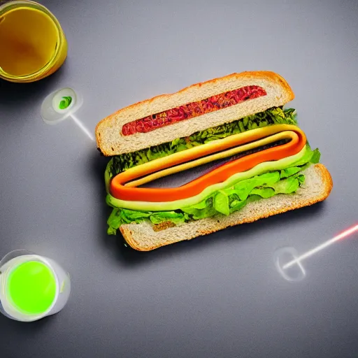 Image similar to an extremely high quality photo of a surreal radioactive surreal neon_lightsaber_sandwich, a hybrid lightsaber-sandwich filled with lightsaber_neons and sandwichlightsaberneontubes, neontubesauce drizzled, drooping lightsaber_lettuce, glowing_sandwich filled with lights, promotional photo, 4k food photography