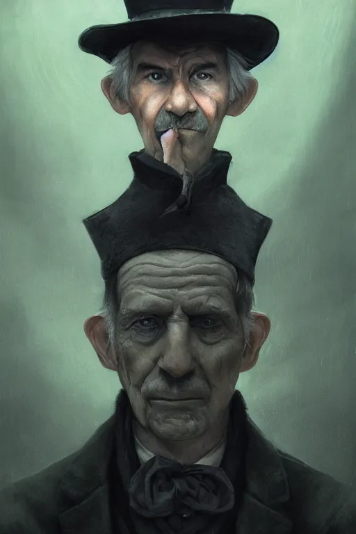 Prompt: A fancy portrait of a grey hair old halfling with no beard and green eyes wearing a black top hat and suit by Greg Rutkowski, Sung Choi, Mitchell Mohrhauser, Maciej Kuciara, Johnson Ting, Maxim Verehin, Peter Konig, Bloodborne, 8k photorealistic, cinematic lighting, HD, high details, dramatic, dark atmosphere, trending on artstation