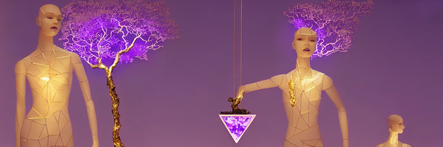 Prompt: beautiful mannequin sculpted out of amethyst by billelis + lit with geometric neon dripping gold + kintsugi, facing a doorway opening with neon pink geometric fractal light + flowering bonsai trees + lighting in background!!, clean linework, dramatic, finely detailed, award winning, 4 k, trending on artstation, photorealistic, volumetric lighting, octane render