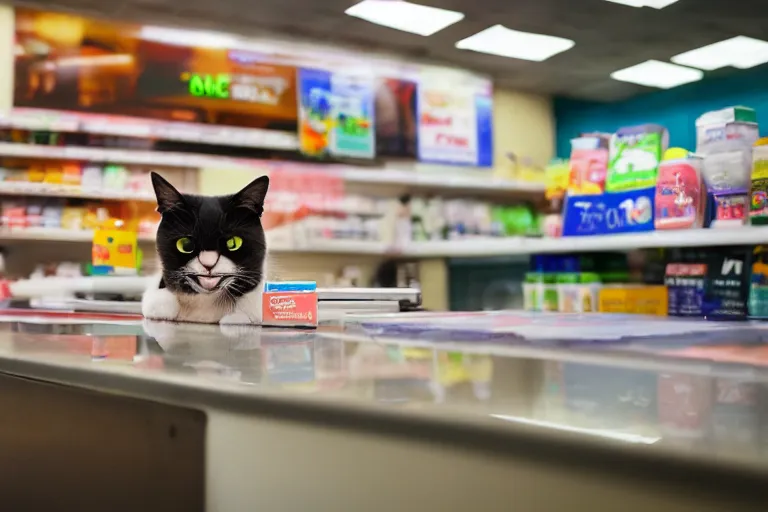 Image similar to cat on the counter in 7 - eleven next to a carton of cigarettes wide angle lens