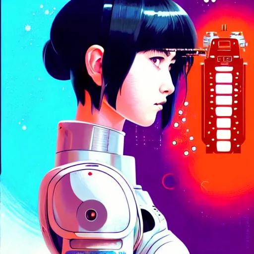 Image similar to side portrait scifi cyborg girl with robotic parts and spacesuit | | head only in center of image, audrey plaza, fine detail!! anime!! realistic shaded lighting!! poster by ilya kuvshinov katsuhiro otomo ghost - in - the - shell, magali villeneuve, artgerm, jeremy lipkin and michael garmash and rob rey