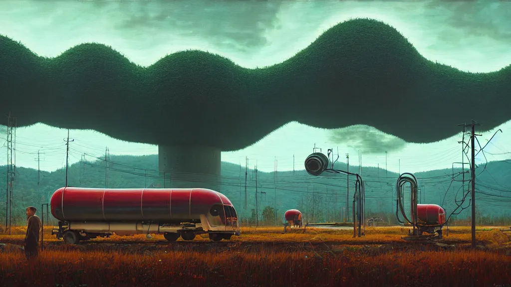 Prompt: Nuclear Nature harmony; by Oswaldo Moncayo; by Simon Stålenhag, oil on canvas; Art Direction by James Cameron; Location: Quito Ecuador 4K, 8K; Ultra-Realistic Depth Shading