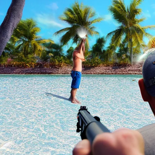 Prompt: a florida man shooting at the sun with a water gun, photorealistic, ultra detailed, high resolution, 8 k