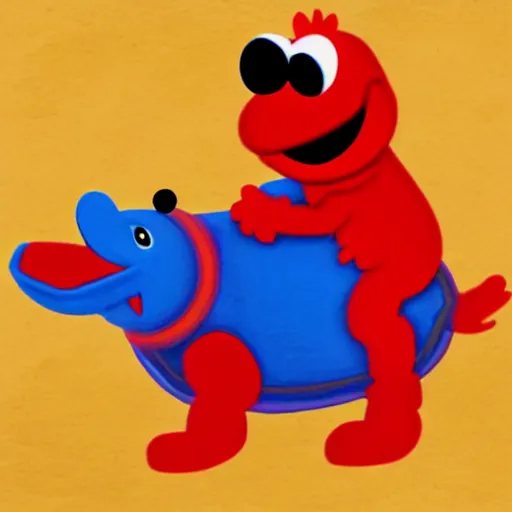 Image similar to Elmo riding a hippo through a desert landscape