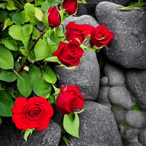 Prompt: red roses, black rocks, photography