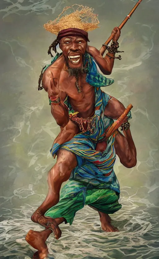 Prompt: character concept of a singular Jamaican fisherman wearing calico cloth and posing in a battle stance in the Jamaican sea, symmetrical face, dreadlocks, colors of Jamaica, cinematic, by Ross Tran and Artgerm and Peter Mohrbacher