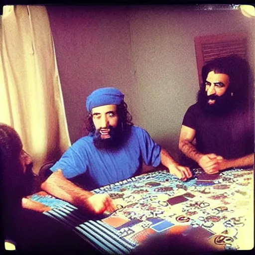 Image similar to “80’s Polaroid flash photo, Saul Goodman and Osama Bin Laden playing poker”