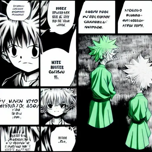 Prompt: HunterXHunter Manga Neferpitou and Gon multi-panel manga