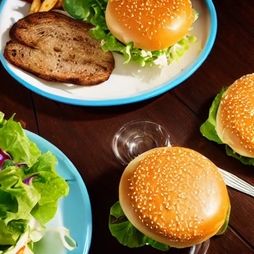 Prompt: photo of double roquefort cheese hamburger server with rustic fries and salad, digital photography, sharp, high definition