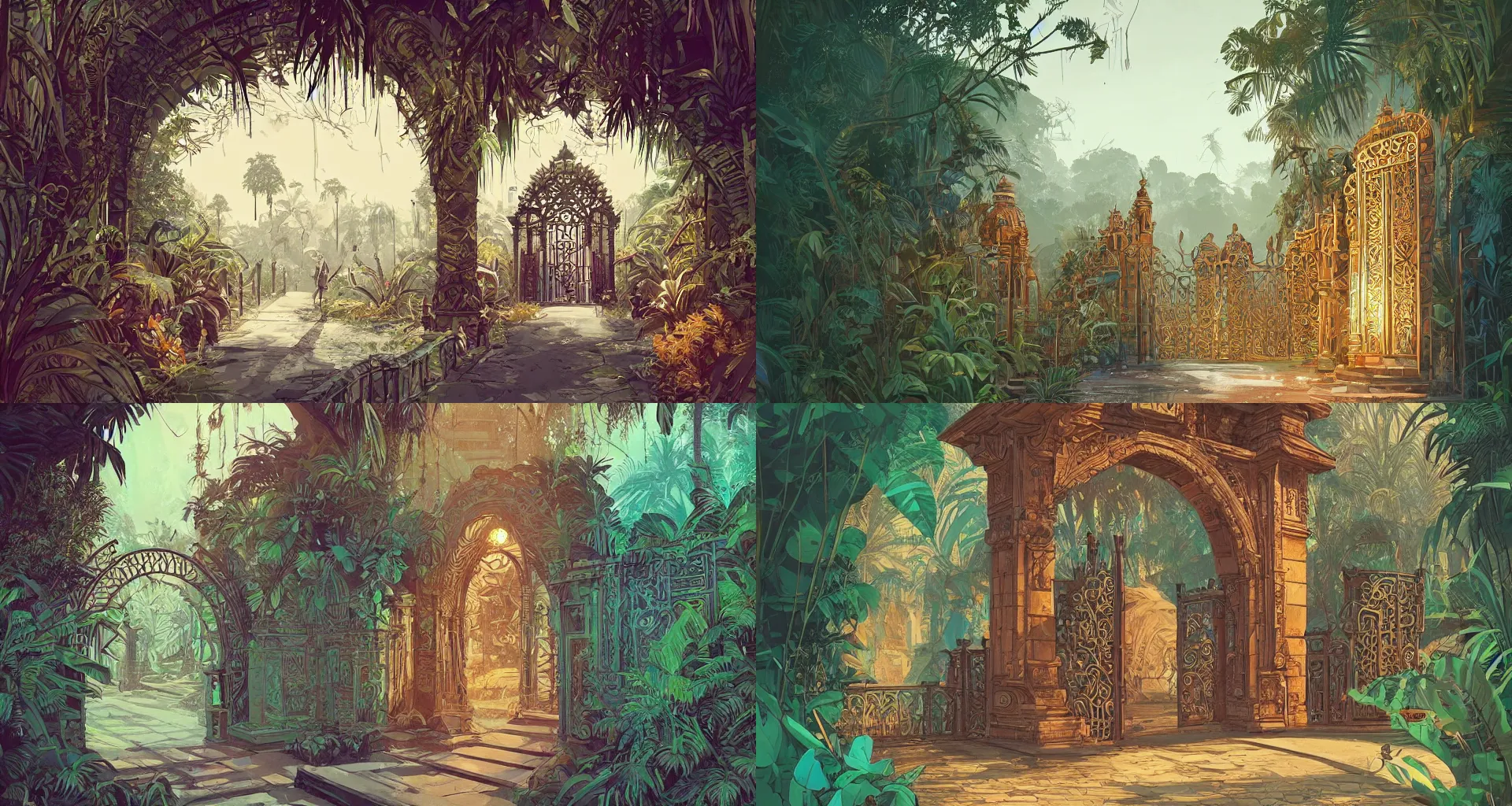 Prompt: a beautiful detailed architecture art of ancient ornamental gate in the middle of tropical jungle by alena aenami, by greg tocchini, by james gilleard, by joe gb fenton, by kaethe butcher, dynamic lighting, vibrant, clean, grunge aesthetic, artstation