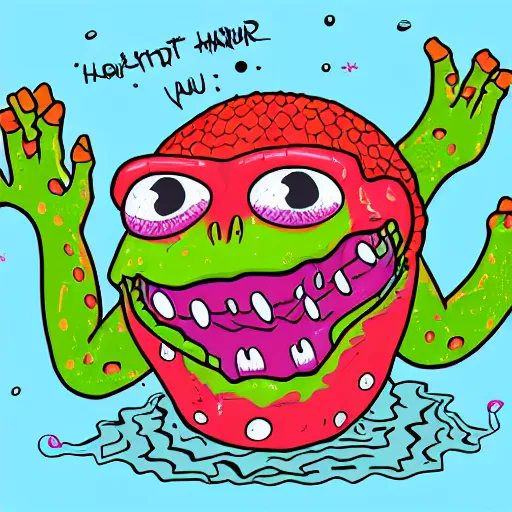 Prompt: Pop-Wonder-NFT Frumpy Swamp-Bog-Lizard-Alien-Monster-Head Dancing Sideways with a huge grin and spaced out head crazy-lazy hump-day-happy-hour in a hand-drawn vector, svg, cult-classic-comic-style